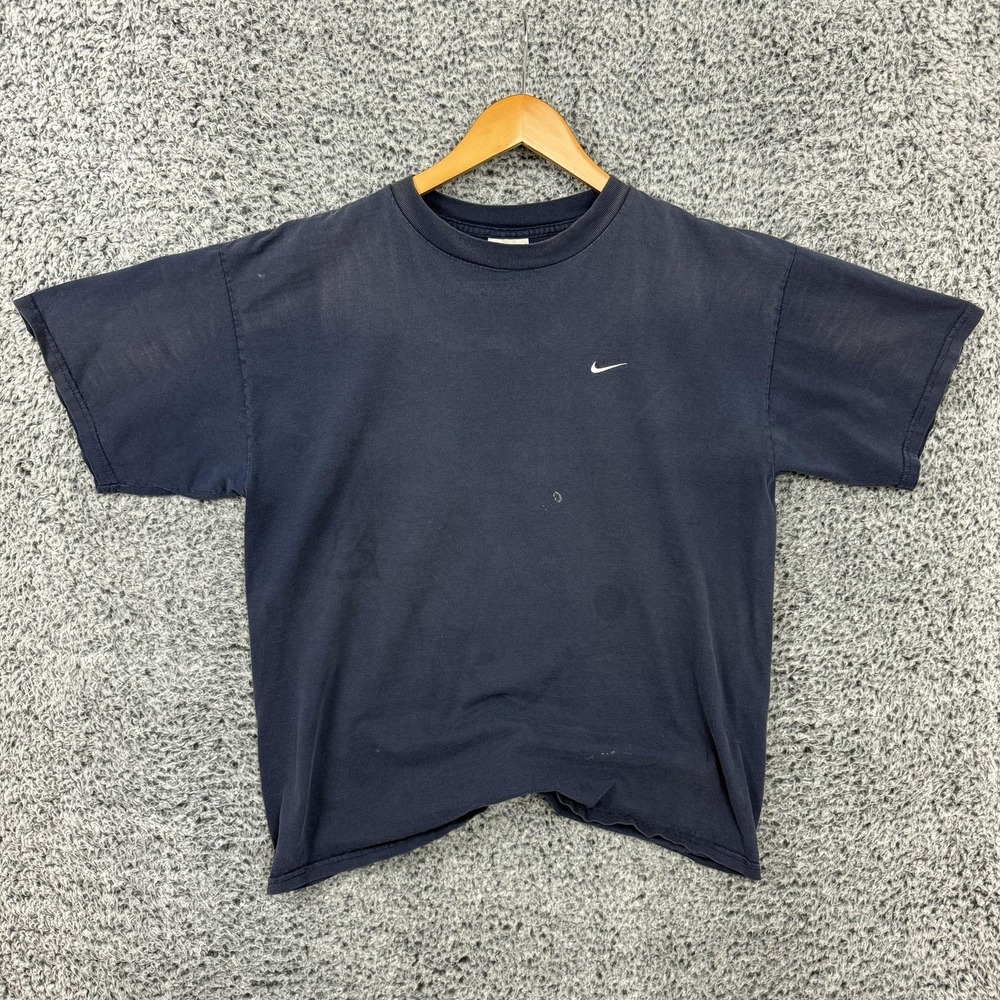 Vintage Y2K Nike Shirt Mens XL Blue Mini Swoosh Faded Distressed Logo Tee Grunge